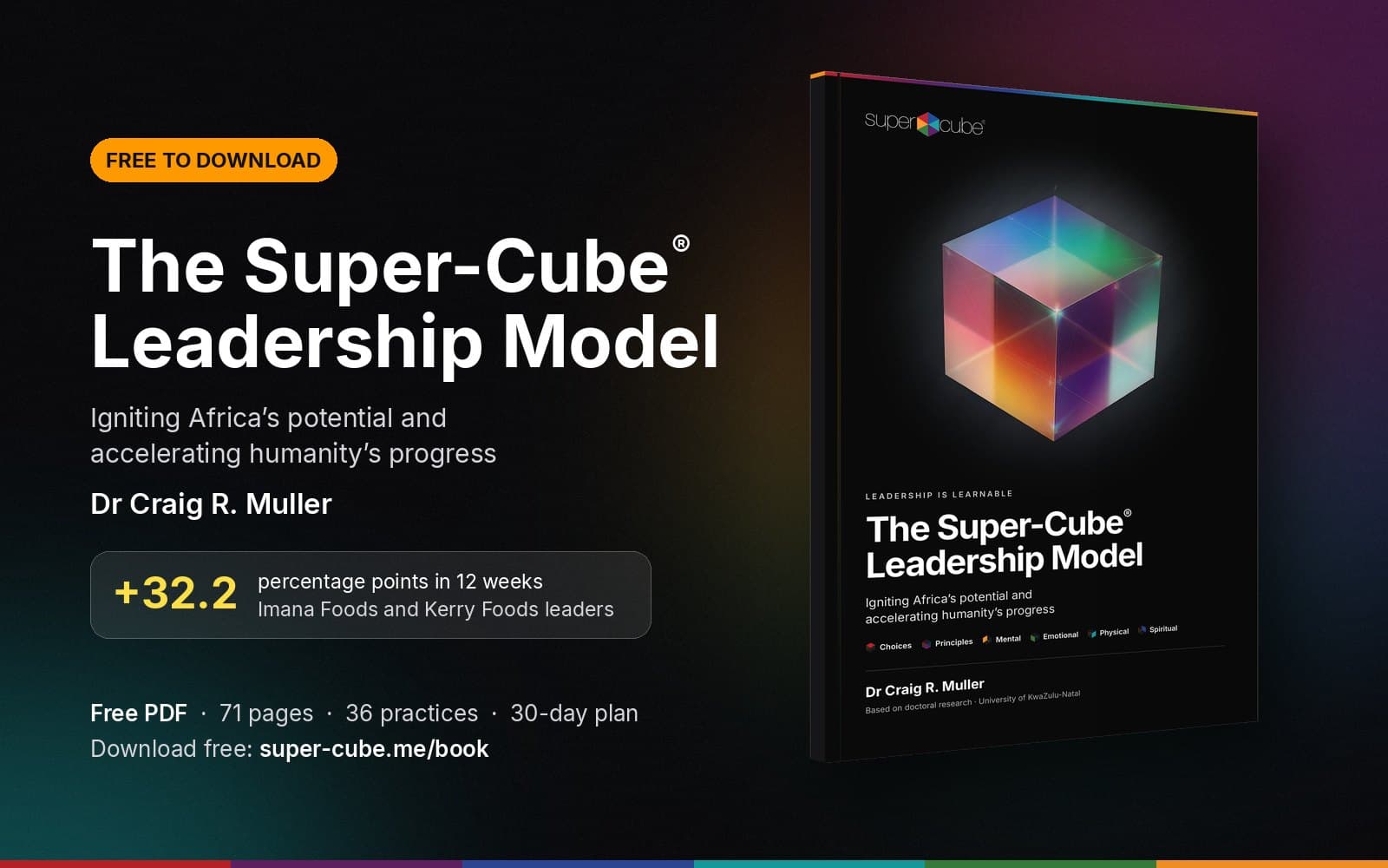 The Super-Cube® Leadership Model by Dr Craig R. Muller, free to download: the black-covered book, +32.2 percentage points in 12 weeks for Imana Foods and Kerry Foods leaders, free PDF, 71 pages, 36 practices and a 30-day plan