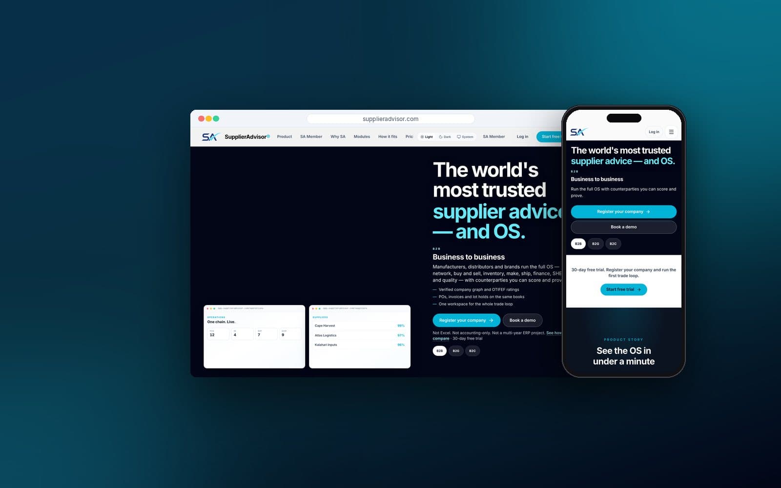 The SupplierAdvisor® home page on a laptop browser and a phone, showing the headline, the Register your company button and supplier ratings
