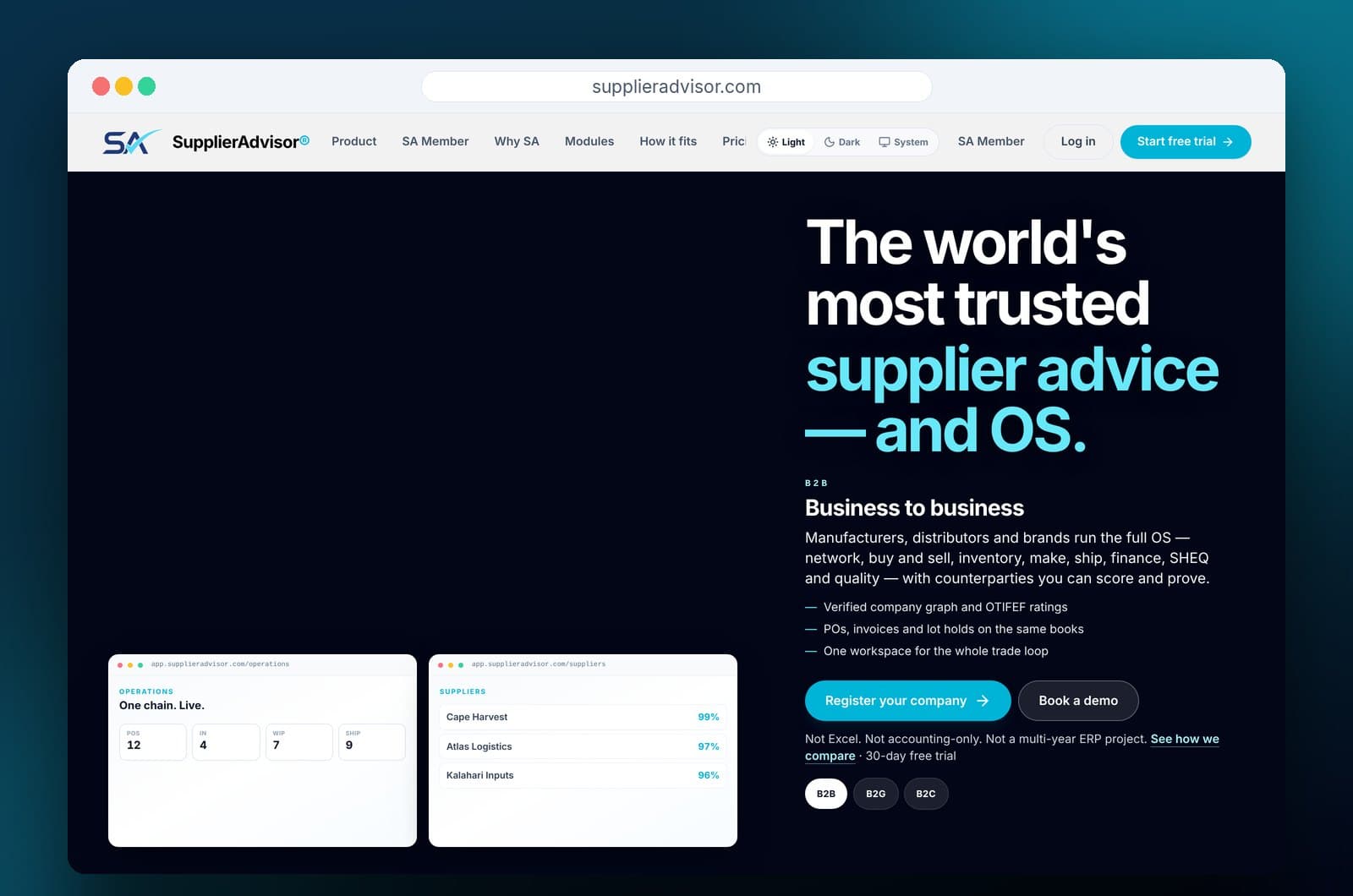 The SupplierAdvisor® home page in a browser: the B2B hero with Register your company and Book a demo buttons, beside live operations and supplier rating panels