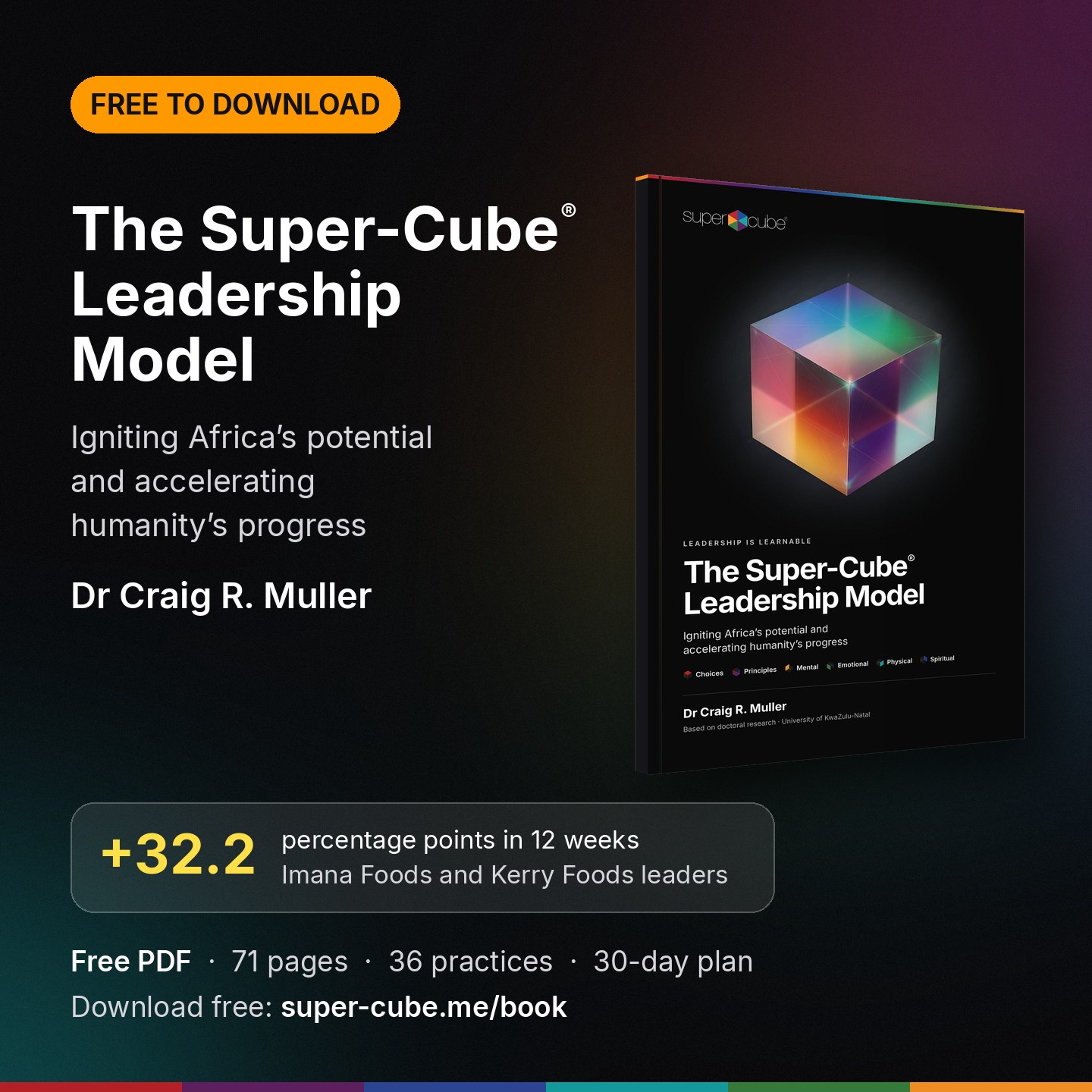 The Super-Cube® Leadership Model by Dr Craig R. Muller, free to download: the black-covered book, +32.2 percentage points in 12 weeks for Imana Foods and Kerry Foods leaders, free PDF, 71 pages, 36 practices and a 30-day plan, download free at super-cube.me/book